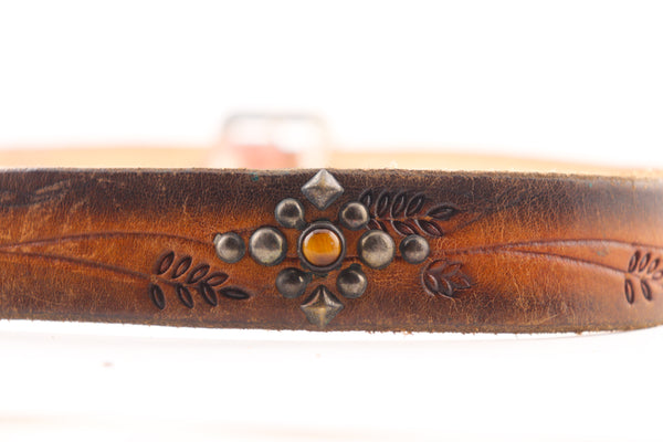 Vintage Studio Belt 121. Ombre leather with tooled pattern and tiger's eye. Size 32 only.