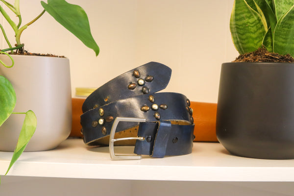 Vintage Studio Belt 229. Navy leather with pearly stones. Size 34 only.