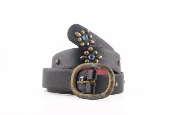 Vintage Studio Belt 251. Glossy back leather with blue stones. Size 34 only.