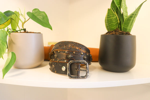 Vintage Studio Belt 280. Faded black leather with pyramid studs. Size 36 only.