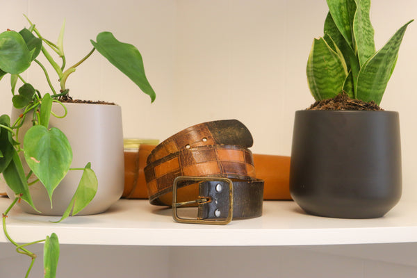 Vintage Studio Belt 286. Brown checkerboard leather. Size 36 only.