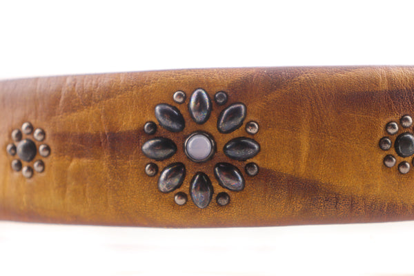 Vintage Studio Belt 291. Wood-toned leather with moonstones. Size 36 only.