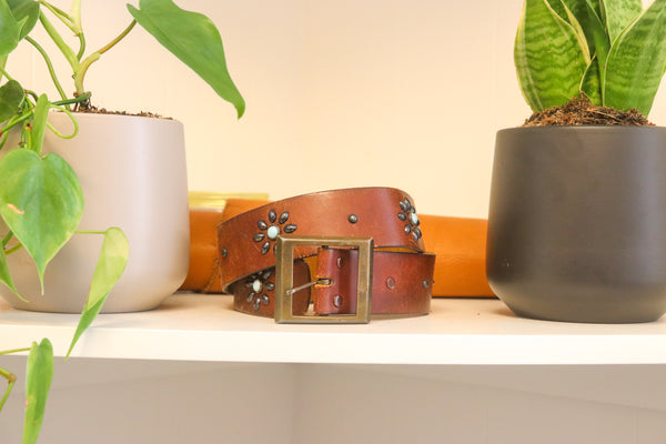 Vintage Studio Belt 356. Brown leather with turquoise. Size 30 only.