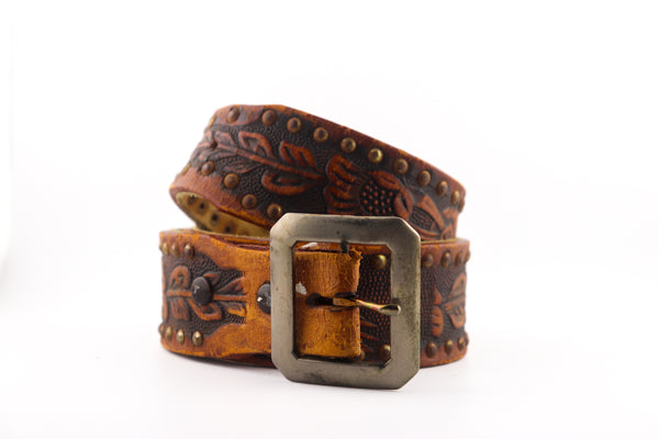 Vintage Studio Belt 381. Tooled leather belt with eagle & floral pattern. Size 32 only.