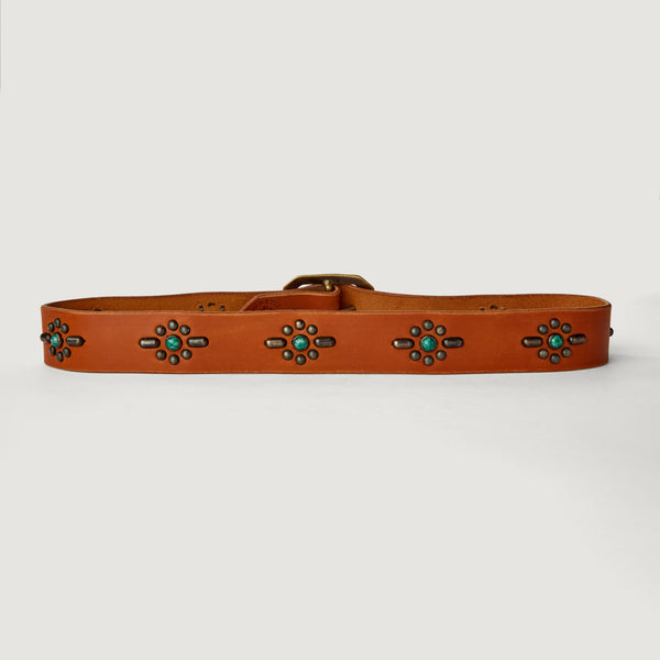 Style 005: Southwest motif with jade stones on a Tan leather belt