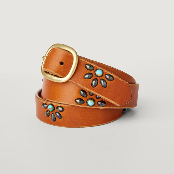Style 007: Tan or Black leather belt with half-daisy studs and turquoise stones
