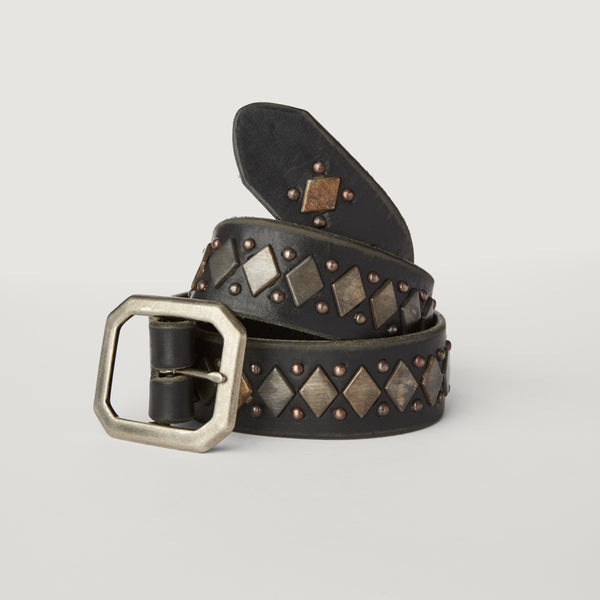 Style 008: Black leather belt with 'argyle' pattern of flat, diamond studs