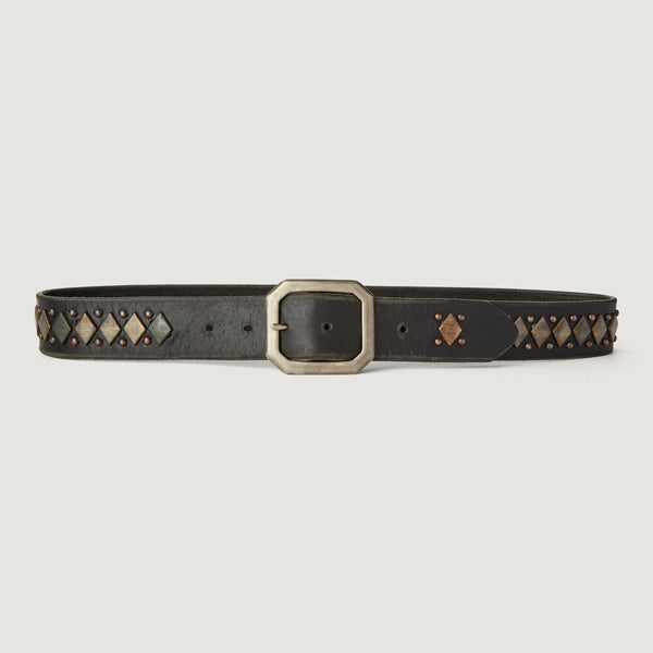 Style 008: Black leather belt with 'argyle' pattern of flat, diamond studs