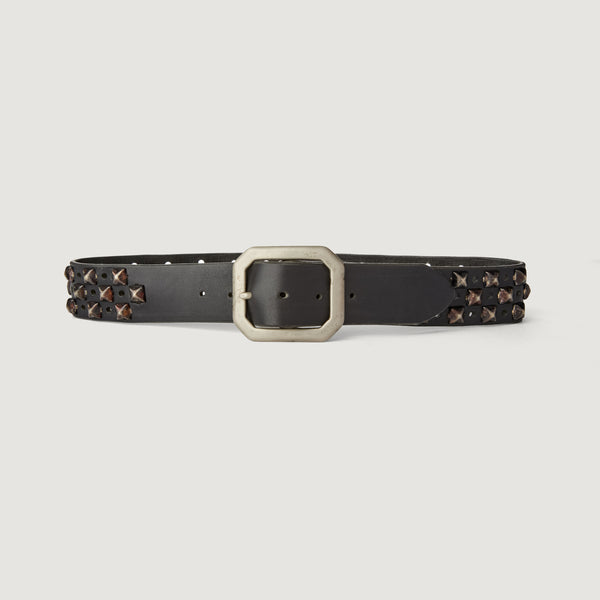 Style 011: Black belt with a repeating pattern of pyramid studs and hole punches