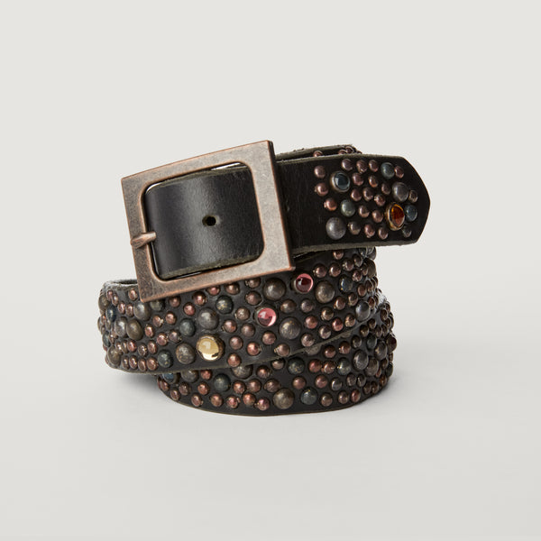 Style 016: The Galaxy Belt. Multi-sized studs & multi-colored stones on Black leather