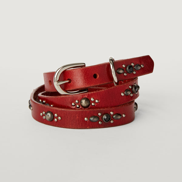 Style 017: Thin belt on cherry leather with elongated ovals, round studs and black crystals