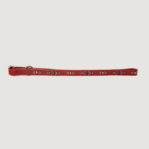 Style 017: Thin belt on cherry leather with elongated ovals, round studs and black crystals