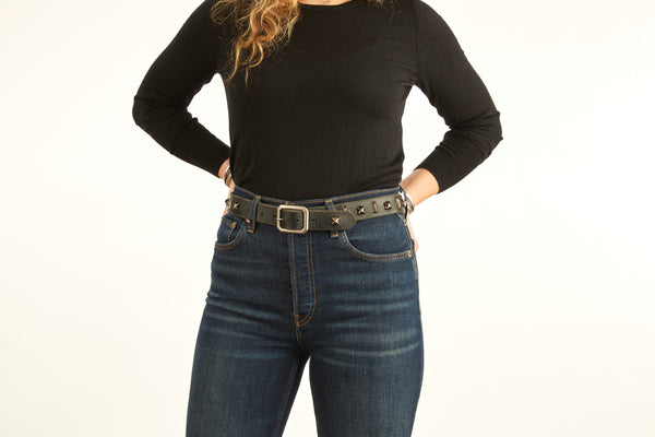Style 010: Geometric studding and spacing on a distressed Black leather belt