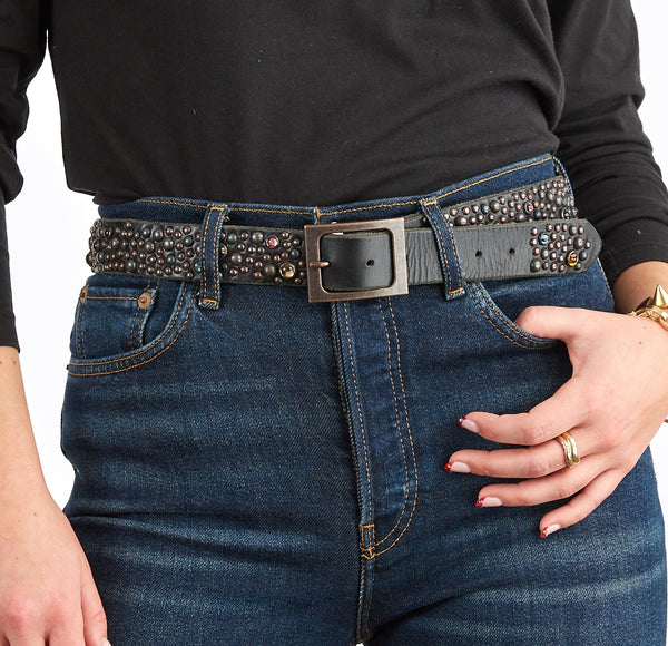 Style 016: The Galaxy Belt. Multi-sized studs & multi-colored stones on Black leather