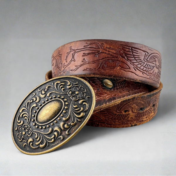 Vintage Belt 27: Rich brown engraving and large buckle. Size 37 only.