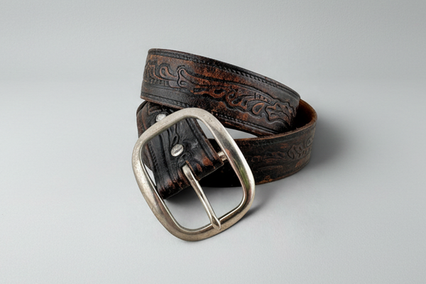 Vintage Belt 26: Black-brown leather with detailed scrollwork. Size 30 only.