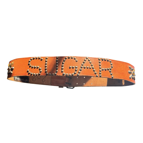 Vintage Belt 02: Tan belt with floral studding and "SUGAR" writing. Size 32 only.