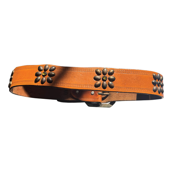 Vintage Belt 09: Tan belt with floral studding, yellow stones and a matching buckle. Size 36 only.