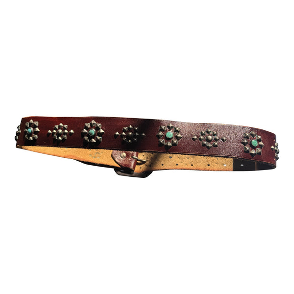 V10: Vintage belt on rich brown leather with turquoise stones.