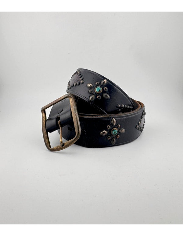 V13: Vintage belt on soft black leather with stingray insets & aqua stones