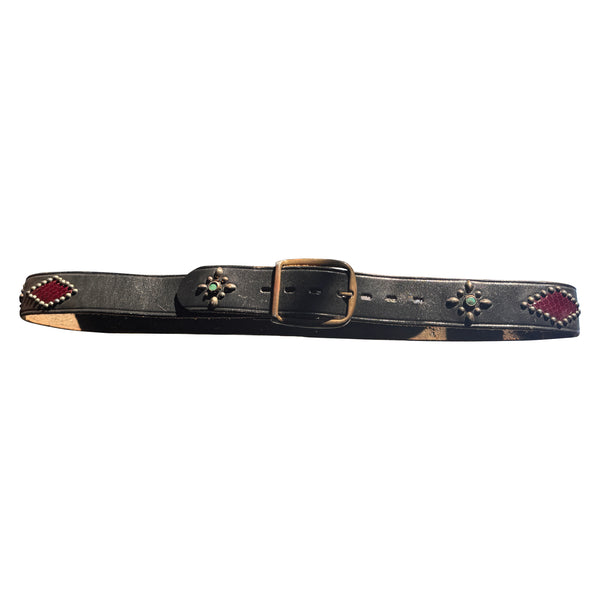 V13: Vintage belt on soft black leather with stingray insets & aqua stones