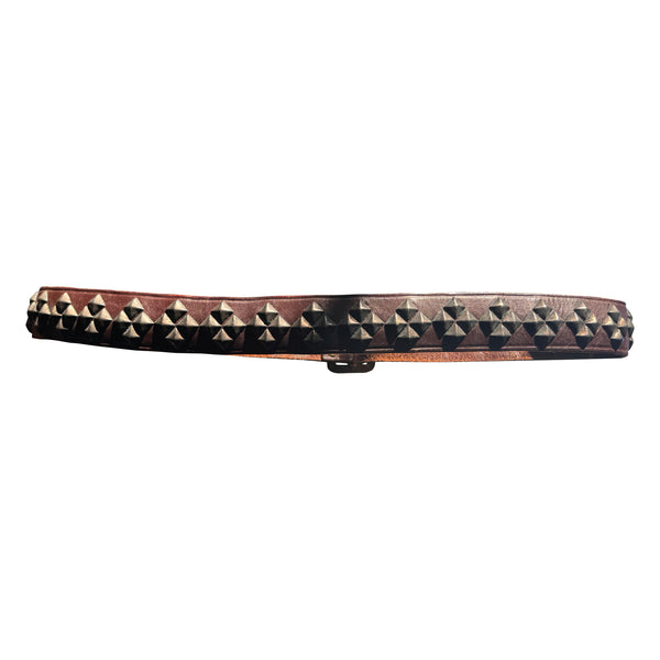 V14: Vintage belt on rich brown leather with repeating studs in diamond patterns