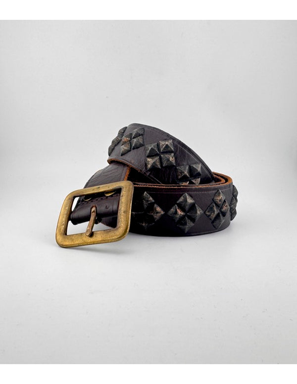 V14: Vintage belt on rich brown leather with repeating studs in diamond patterns