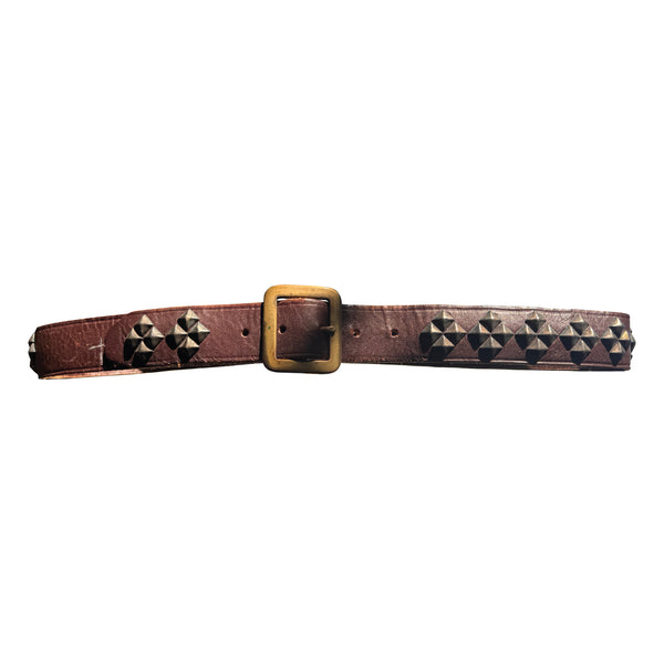 V14: Vintage belt on rich brown leather with repeating studs in diamond patterns