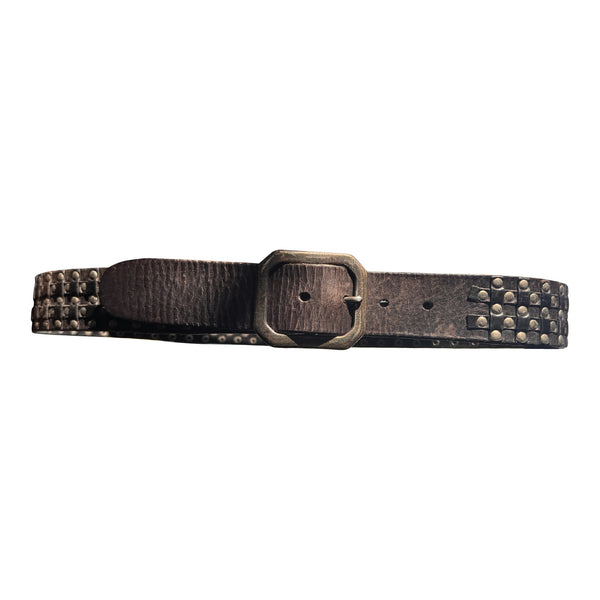 V15: Vintage belt on black leather with nailhead studding