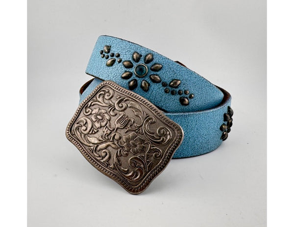 V17: Vintage belt on blue leather with floral studding and alternating stones
