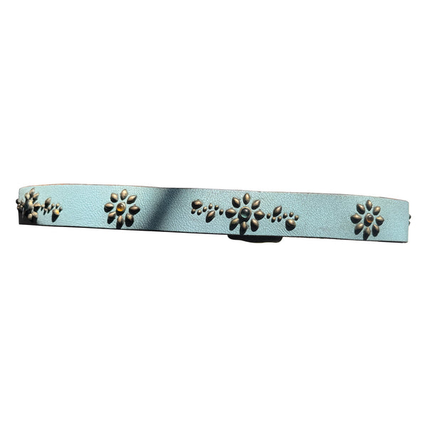 V17: Vintage belt on blue leather with floral studding and alternating stones