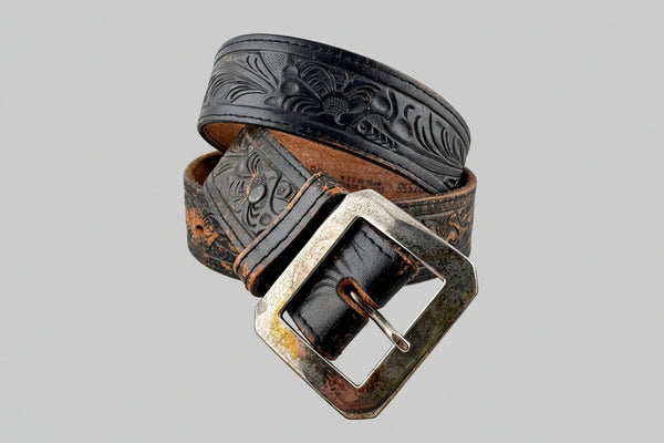 Vintage Belt 21: Black leather with intricate tooling. Size 36 only.