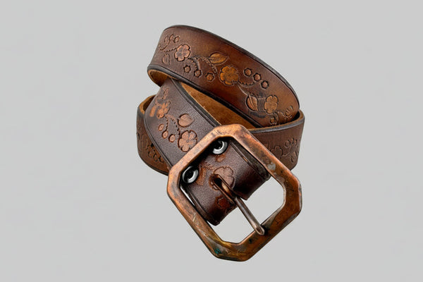 Vintage Belt 22: Soft brown leather with a floral pattern. Size 36 only.
