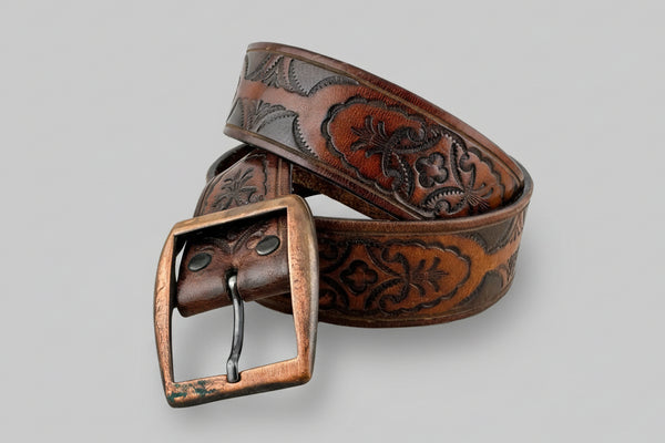 Vintage Belt 24: Rich brown belt with a heritage-inspired pattern. Size 31 only.