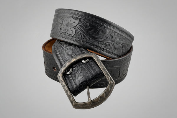Vintage Belt 25: Crisp black leather with floral scrolling. Size 35 only.