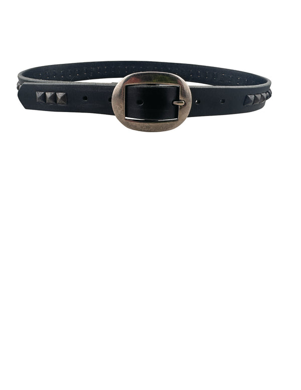 Belt 15: Square pyramid studs and polished black stones on soft brown leather