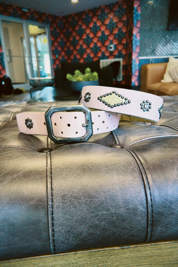 Vintage Belt SV-303. Pink Leather with Yellow Inserts, Size 36 Only.