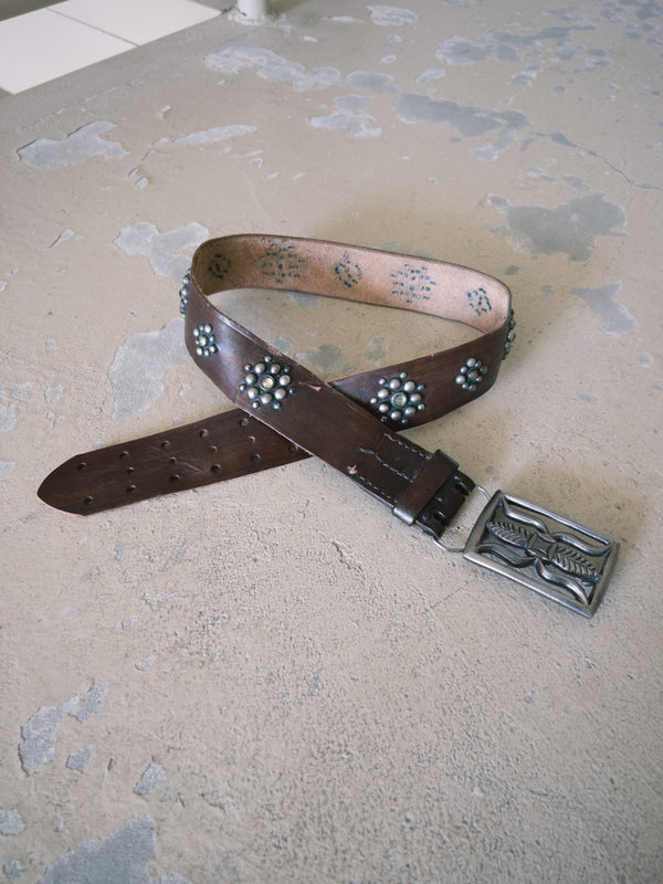 Vintage Belt SB-10. Rich Espresso Leather with Leaf Cutout Buckle, Size 30 Only.