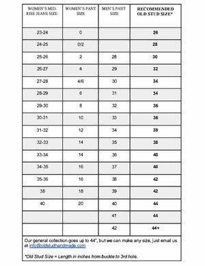 Table of jeans and pant sizes and how they compare to the recommended Old Stud belt size