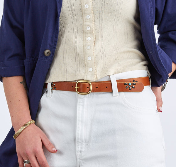 Style 007: Tan or Black leather belt with half-daisy studs and turquoise stones