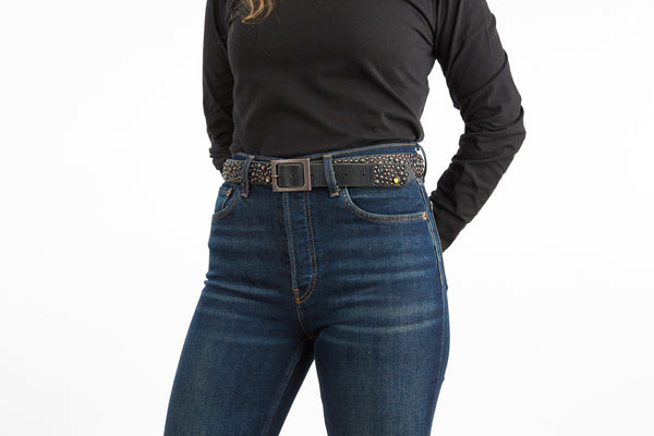 Style 016: The Galaxy Belt. Multi-sized studs & multi-colored stones on Black leather